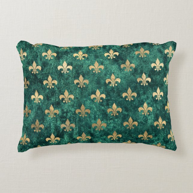 Grunge Grönt Velvet Fleur De Lis Mardi Gras Prydnadskudde (Framsidan)