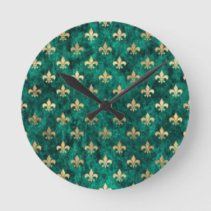Grunge Grönt Velvet Fleur De Lis Mardi Gras Rund Klocka
