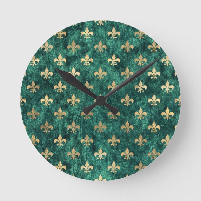 Grunge Grönt Velvet Fleur De Lis Mardi Gras Rund Klocka (Framsida)