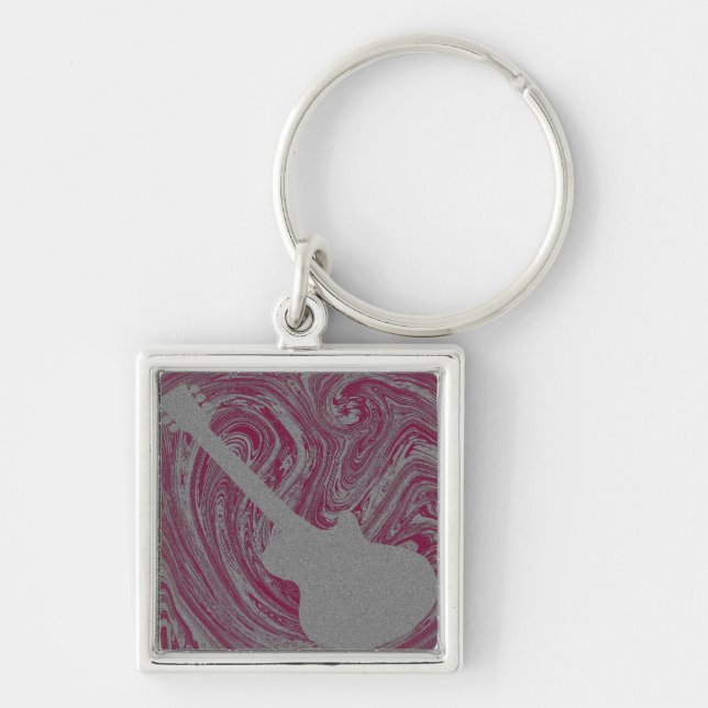 Grunge Guitar Keychain, Rosa Fyrkantig Silverfärgad Nyckelring (Framsidan)