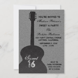 Grunge Guitar Rand Sweet sixteen Inbjudan, Black Inbjudningar