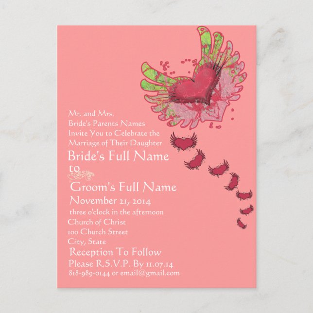 Grunge Heart Hallonpink Bröllopsinbjudan Inbjudan Vykort (Framsida)