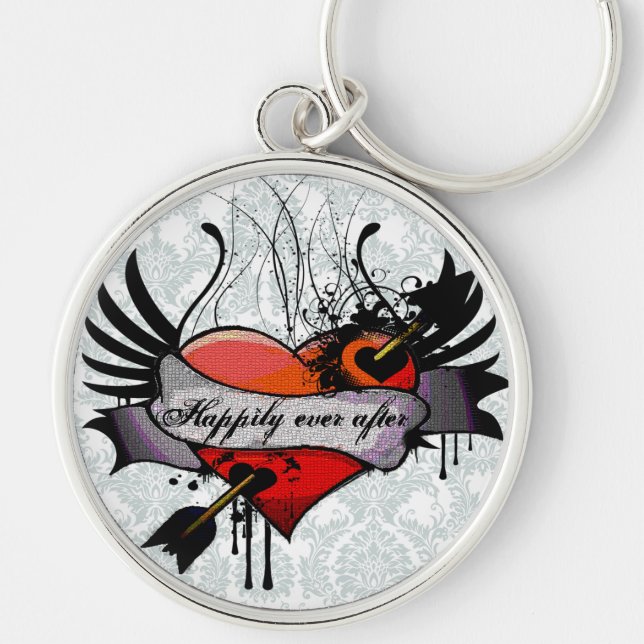 Grunge Heart lyckligtvis efter Honeymoon KeyChain Rund Silverfärgad Nyckelring (Framsidan)