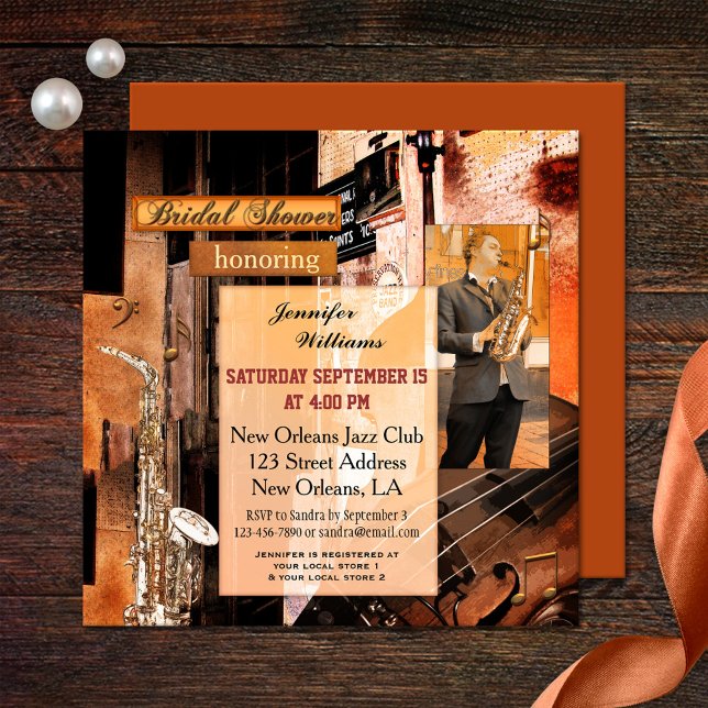 Grunge Jazz Music Inbjudningskort för möhippan (A bridal shower invitation in a grunge retro poster style with a music theme.)