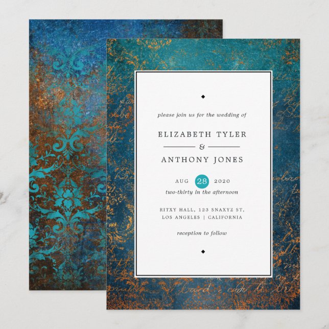 Grunge Koppar Patina och Turkos Bröllop Inbjudningar (Fram/baksida)