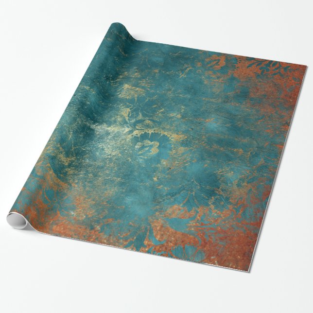 Grunge Kopparpatina och Turkos Damask Presentpapper (Utrullad)