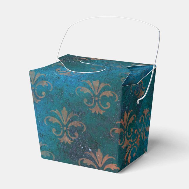 Grunge Kopparpatina och Turkos Fleur de Lis Presentaskar (Framsidan Sidan)