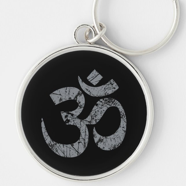 Grunge OM Symbol Spirituality Yoga Rund Silverfärgad Nyckelring (Framsidan)