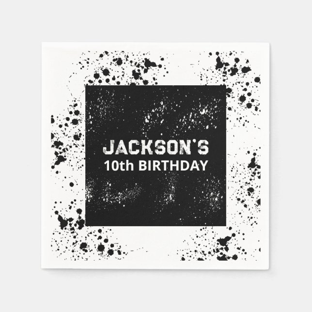 Grunge Paint Splatter Black & White Birthday Pappersservett (Framsidan)