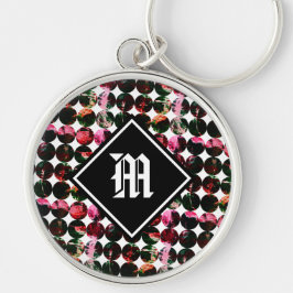 Grunge polka dots Black Red White Abstract. Rund Silverfärgad Nyckelring