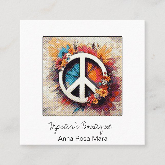 *~* Grunge QR Peace Symbol Flowers Boho AP57 Fyrkantigt Visitkort (Framsida)