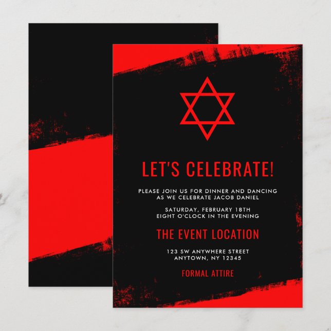 Grunge Red Black Pub Mitzvah Mottagning Inbjudningar (Fram/baksida)