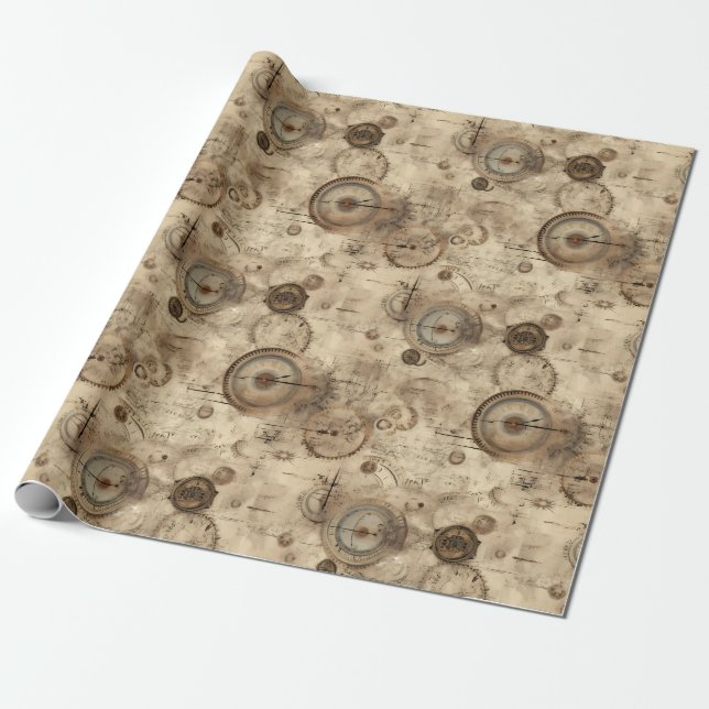 Grunge Rustic Steampunk Clock (11) Presentpapper (Utrullad)