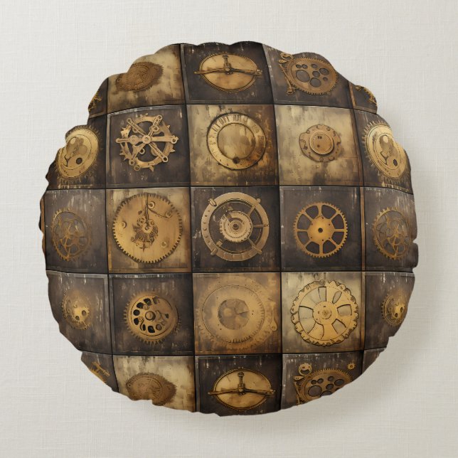 Grunge Rustic Steampunk Clock (15) Rund Kudde (Framsidan)