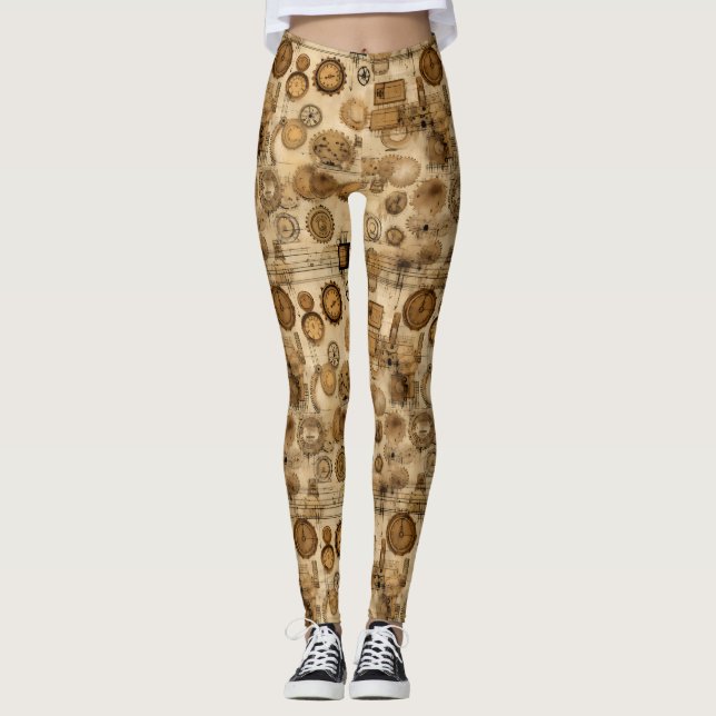 Grunge Rustic Steampunk Clock (4) Leggings (Framsida)