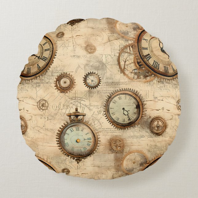 Grunge Rustic Steampunk Clock (6) Rund Kudde (Framsidan)