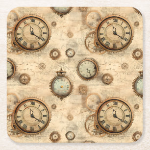 Grunge Rustic Steampunk Clock (6) Underlägg Papper Kvadrat