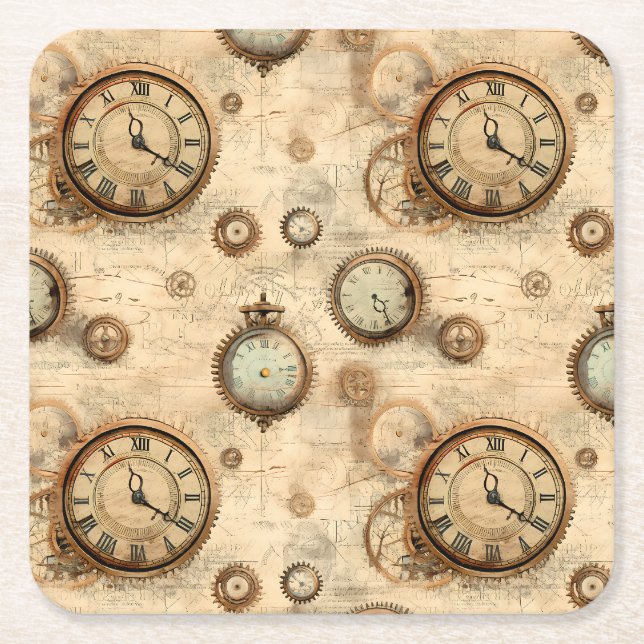 Grunge Rustic Steampunk Clock (6) Underlägg Papper Kvadrat (Framsidan)
