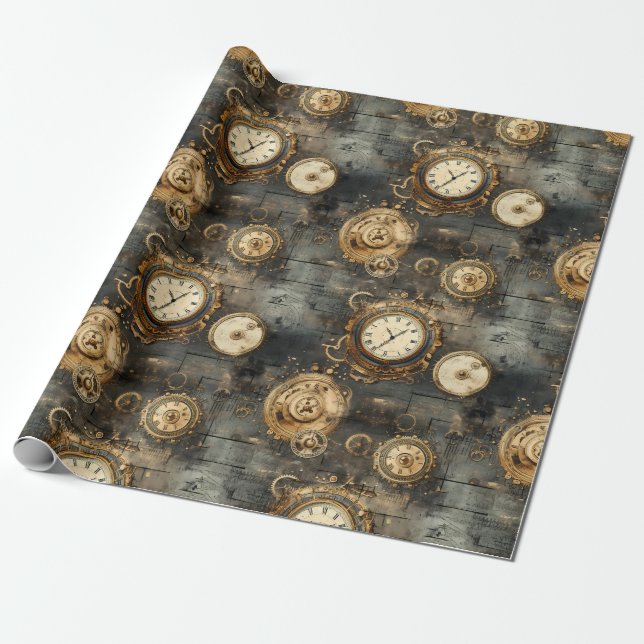 Grunge Rustic Steampunk Clock (8) Presentpapper (Utrullad)