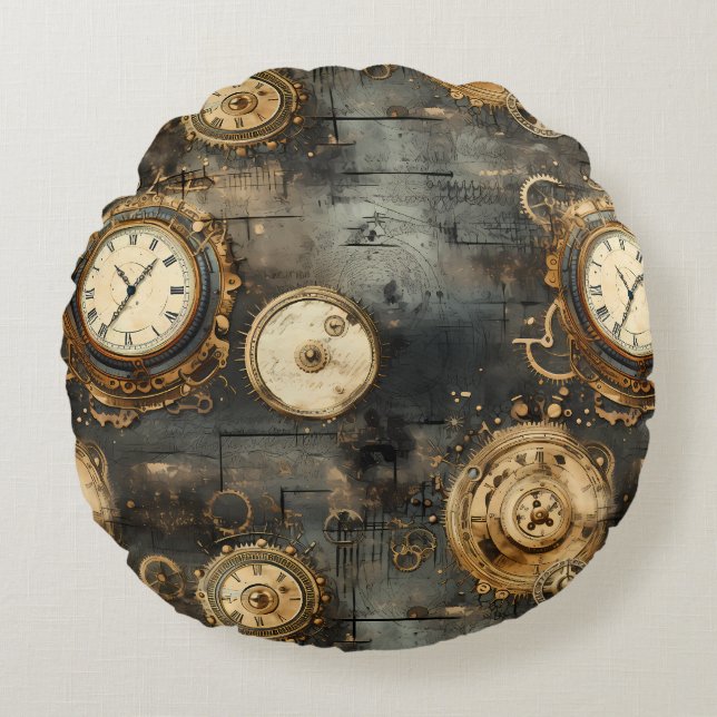 Grunge Rustic Steampunk Clock (8) Rund Kudde (Framsidan)