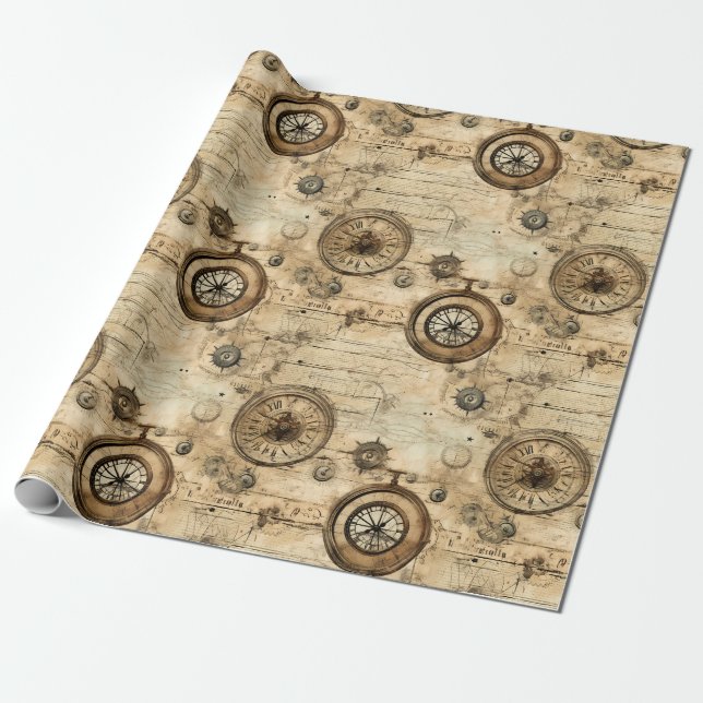 Grunge Rustic Steampunk Clock (9) Presentpapper (Utrullad)