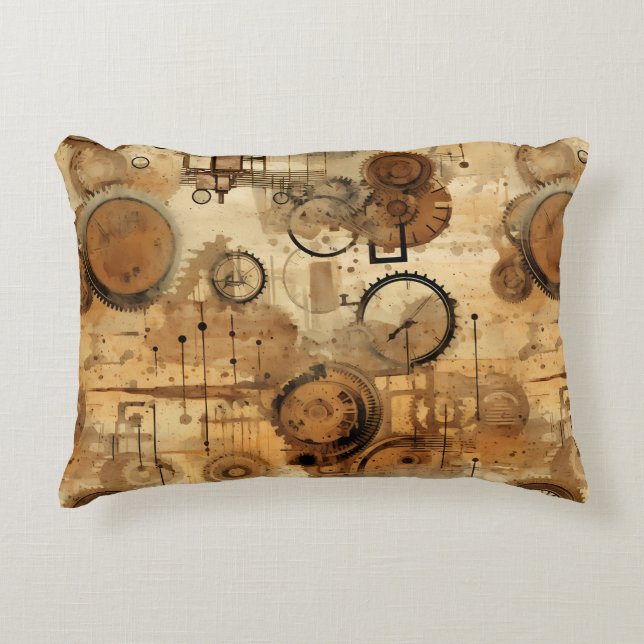 Grunge Rustik Steampunk-klocka Prydnadskudde (Framsidan)