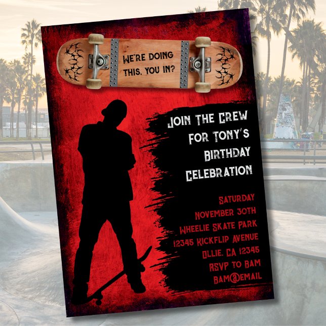 Grunge Skateboard-inbjudan till födelsedagsfest Inbjudningar (Grunge Skateboarding Birthday Party Invitations)