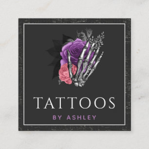 Grunge Skeleton Hand Blommigt Ro Tattoo Artist Fyrkantigt Visitkort