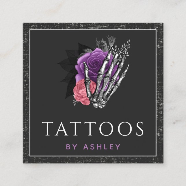 Grunge Skeleton Hand Blommigt Ro Tattoo Artist Fyrkantigt Visitkort (Framsida)