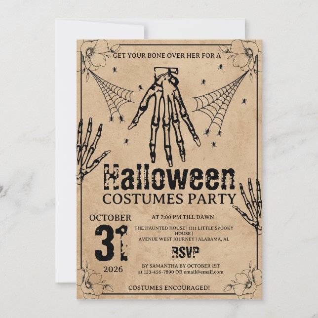 Grunge Skelett Hand Halloween Kostymer Party Inbjudningar (Framsida)