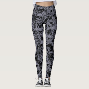 Grunge Skull Bones Mönster Black Grått Halloween Leggings