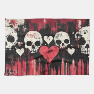 Grunge Skull och Hearts- Fet Red and Black Art Art Kökshandduk