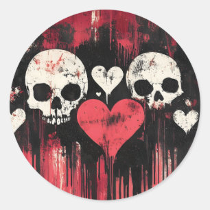 Grunge Skull och Hearts- Fet Red and Black Art Art Runt Klistermärke