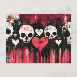 Grunge Skull och Hearts- Fet Red and Black Art Art Vykort