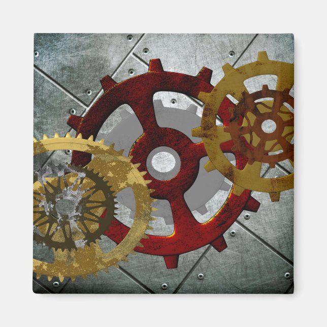 Grunge Steampunk Clocks och Gears Magnet (Framsidan)