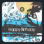 Grunge Surfing Tropical Beach Grattis på födelseda Fyrkantigt Klistermärke<br><div class="desc">Den här dekaldealen i Grattis på födelsedagen har en coola,  en grym surfande tropisk strandscen. Det kan vara personlig med vilken text som helst som du vill lägga till.</div>