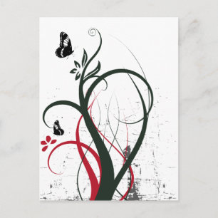 Grunge Swirls 2 Butterflies Original Black Red Vykort