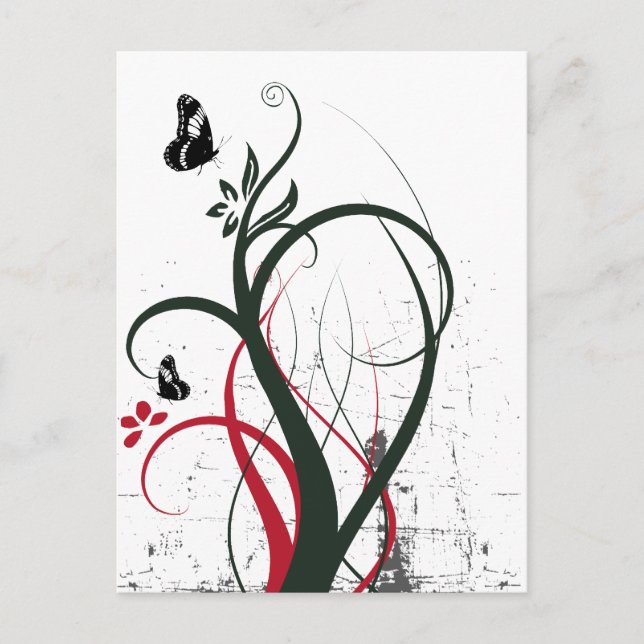 Grunge Swirls 2 Butterflies Original Black Red Vykort (Framsida)