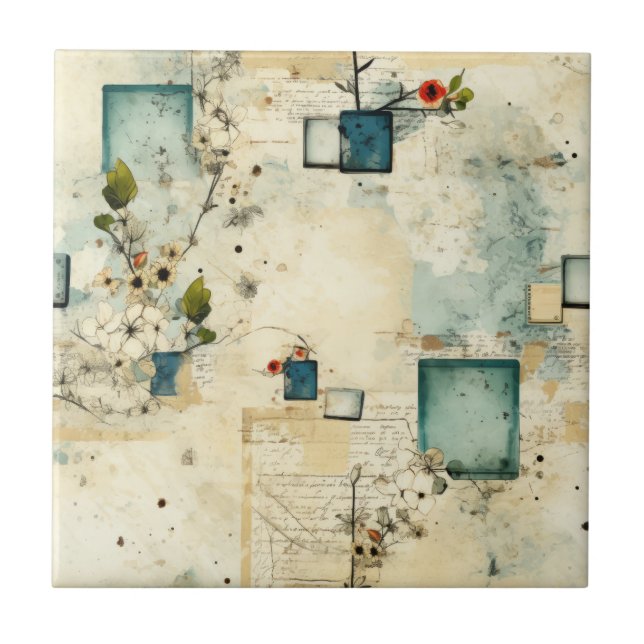 Grunge Teal Botanisk Ram Pergament Scrapbok Kakelplatta (Framsidan)