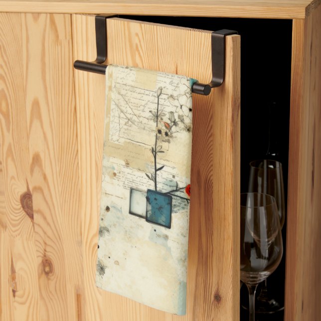Grunge Teal Botanisk Ram Pergament Scrapbook Kökshandduk (Thirds Fold)