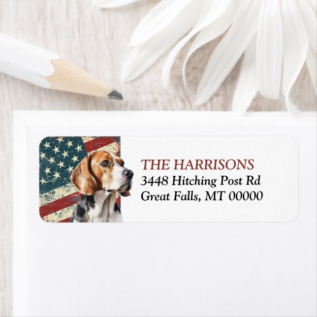 Grunge USA Flag Beagle Hund Returadress Etikett (Insitu)