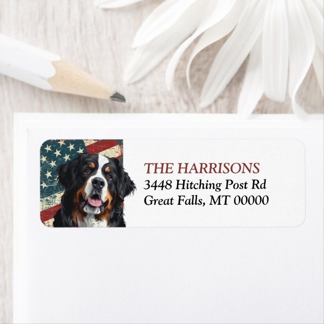 Grunge USA Flag Bernese Mtn Dog Returadress Etikett (Insitu)