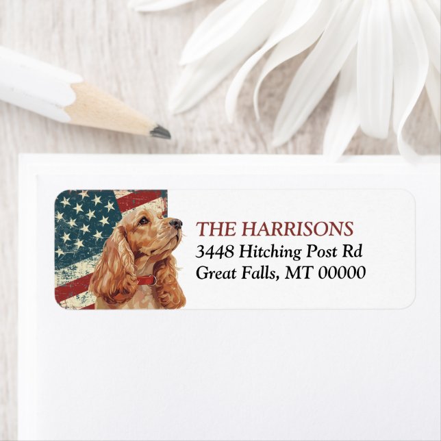 Grunge USA Flag Cocker Spaniel Hund Returadress Etikett (Insitu)