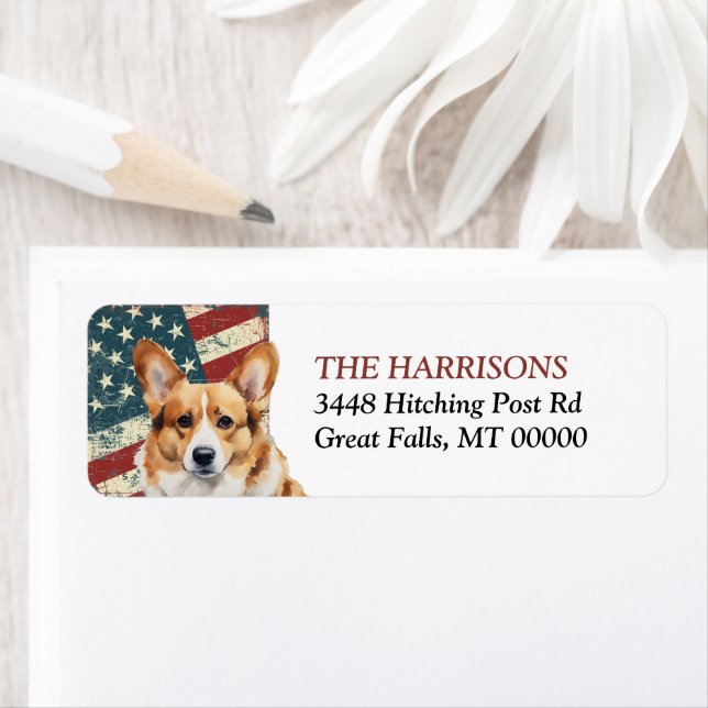 Grunge USA Flag Corgi Hund Returadress Etikett (Insitu)