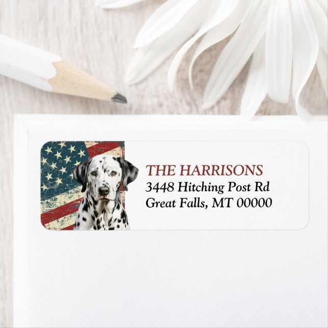 Grunge USA Flag Dalmatian Hund Returadress Etikett (Insitu)