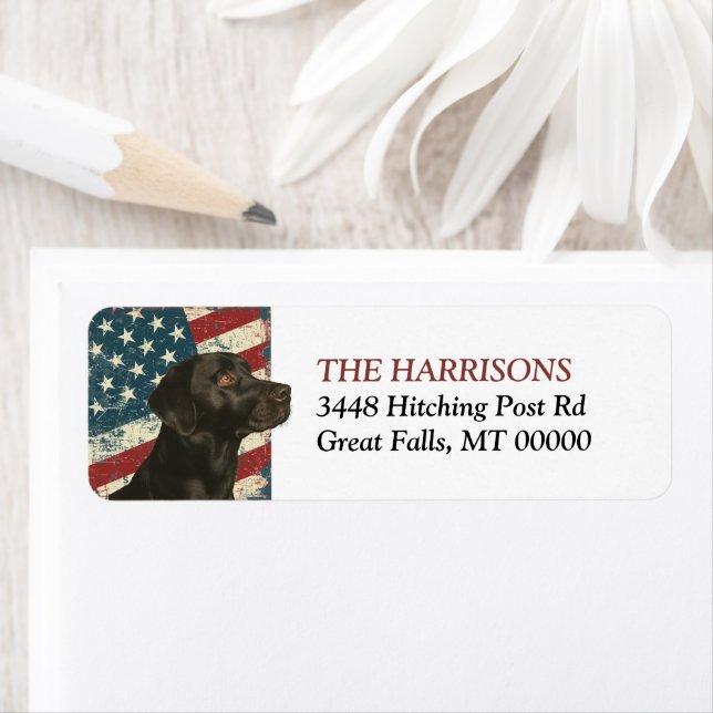 Grunge USA flagga Black Labrador Retriever Hund Returadress Etikett (Insitu)