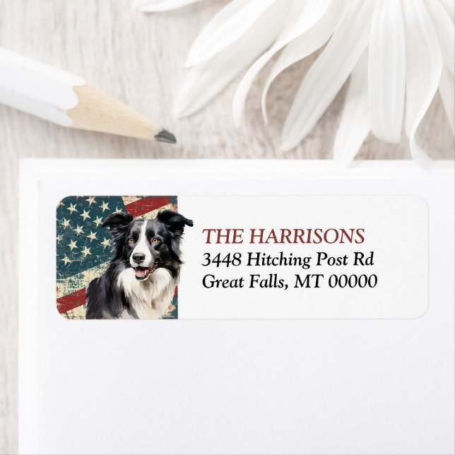 Grunge USA flagga Gräns Collie Hund Returadress Returadress Etikett (Insitu)