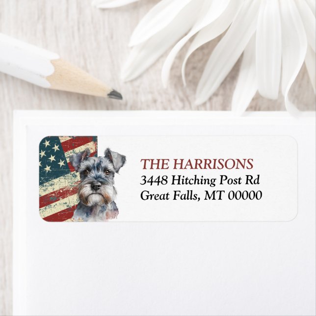 Grunge USA flagga Miniature Schnauzer Returadress Returadress Etikett (Insitu)