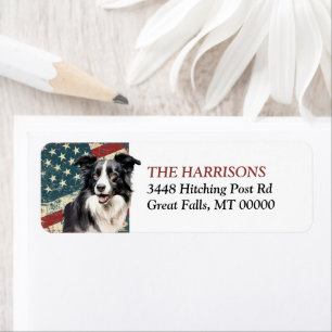 Grunge USA Flaggräns Border Collie Hund Returadres Returadress Etikett