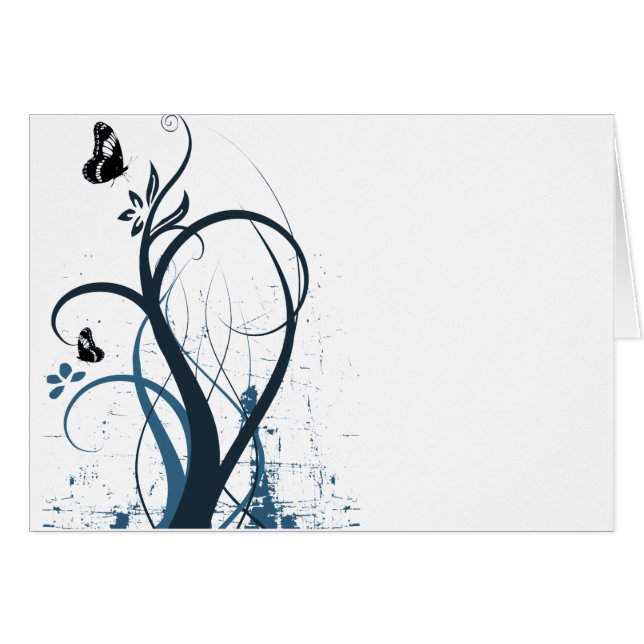 Grunge virvlar runt fjäril 2 - blått hälsningskort (Framsidan Horizontal)